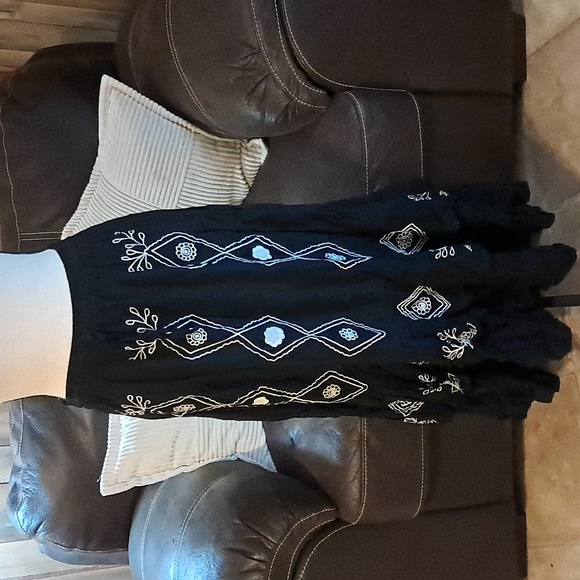 Women Boho Black Embroidered Maxi Skirt with Drawstring Pocket Size S - Picture 1 of 8